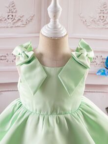 Glamorique Kids 女嬰鼠尾草綠公主禮服，優雅可愛夏季婚禮花童賓客舞會大禮服，緞面薄紗蛋糕裙配大蝴蝶結，無袖派對裙 - 綠色 - 查看 8