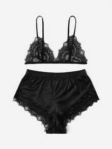 Lullawish Lace Triangle Top & Shorts PJ Set / Pajama Set - Black - View 7