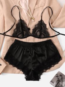 Lullawish Lace Triangle Top & Shorts PJ Set / Pajama Set - Black - View 6