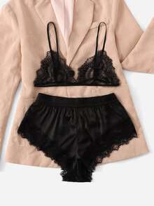 Lullawish Lace Triangle Top & Shorts PJ Set / Pajama Set - Black - View 3