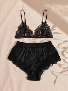 Lullawish Lace Triangle Top & Shorts PJ Set / Pajama Set - Black - View 2