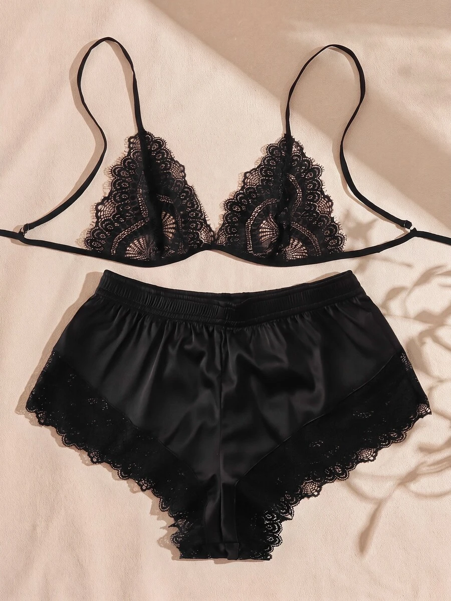 Lullawish Lace Triangle Top & Shorts PJ Set / Pajama Set - Black - View 1