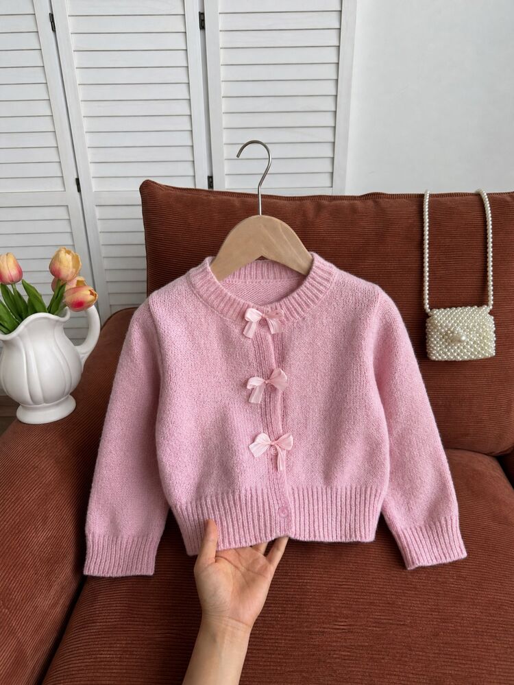 SHEIN Girls' Toddler Autumn/Winter Knitted Cardigan, Fashion New Arrival, Soft Pink Tone, Classic Cute Kawaii Elegant Birthday Party - Dusty Pink - View 5