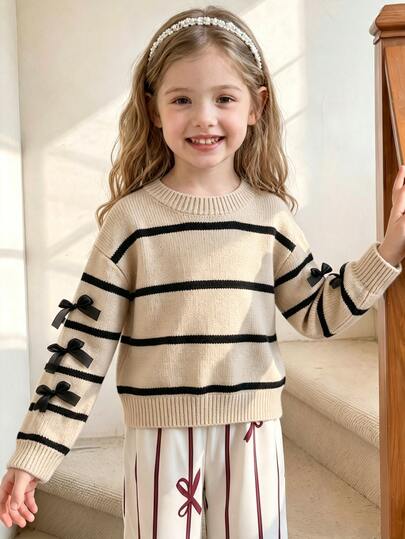 Young Girl Crew Neck Knitted Striped Pullover Sweater Khaki Black Handmade Bow Casual Cute Versatile Minimalist Loose Fit Top, Party, Play, Vacation