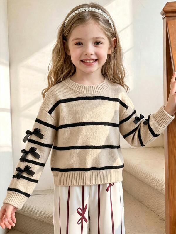 Young Girl Crew Neck Knitted Striped Pullover Sweater Khaki Black Handmade Bow Casual Cute Versatile Minimalist Loose Fit Top, Party, Play, Vacation