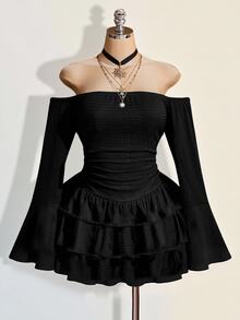 SHEIN ICON Women's Solid Color Ruched Off-Shoulder Casual Party Mini Dress - Black - View 8