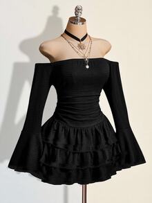 SHEIN ICON Women's Solid Color Ruched Off-Shoulder Casual Party Mini Dress - Black - View 9