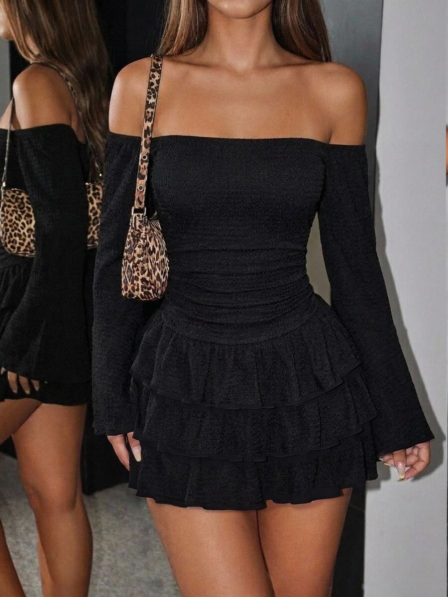 SHEIN ICON Women's Solid Color Ruched Off-Shoulder Casual Party Mini Dress - Black - View 1