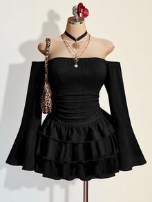 SHEIN ICON Women's Solid Color Ruched Off-Shoulder Casual Party Mini Dress - Black - View 3