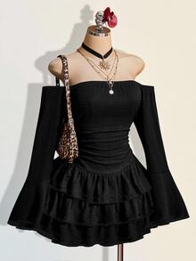 SHEIN ICON Women's Solid Color Ruched Off-Shoulder Casual Party Mini Dress - Black - View 4