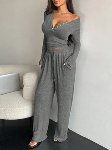 DAZY 2pcs Women Gray Autumn Casual Loungewear Solid Color Button Front Long Sleeve T-Shirt And Drawstring Waist Pants Set Y2k Tracksuits Lounge Sets - Grey - View 2