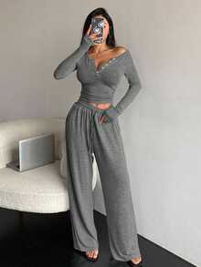 DAZY 2pcs Women Gray Autumn Casual Loungewear Solid Color Button Front Long Sleeve T-Shirt And Drawstring Waist Pants Set Y2k Tracksuits Lounge Sets - Grey - View 3