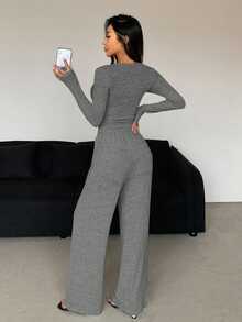 DAZY 2pcs Women Gray Autumn Casual Loungewear Solid Color Button Front Long Sleeve T-Shirt And Drawstring Waist Pants Set Y2k Tracksuits Lounge Sets - Grey - View 4