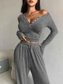 DAZY 2pcs Women Gray Autumn Casual Loungewear Solid Color Button Front Long Sleeve T-Shirt And Drawstring Waist Pants Set Y2k Tracksuits Lounge Sets - Grey - View 1