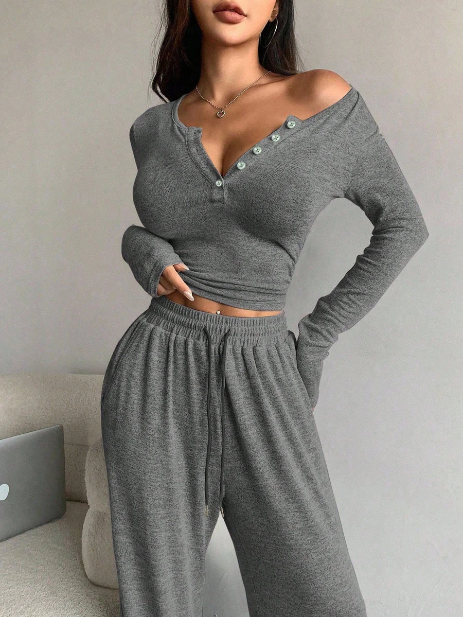 DAZY 2pcs Women Gray Autumn Casual Loungewear Solid Color Button Front Long Sleeve T-Shirt And Drawstring Waist Pants Set Y2k Tracksuits Lounge Sets - Grey - View 1