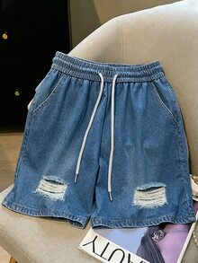 Franclia Fashionable Casual Denim Effect Shorts, Distressed Denim Shorts For Women, Suitable For Daily And Outdoor Wear - Navy Blue - View 3