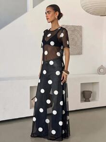 Lavishia Women's Polka Dot Pattern Mesh Short Sleeve Sexy Sheer Long Dress - Black and White - View 6