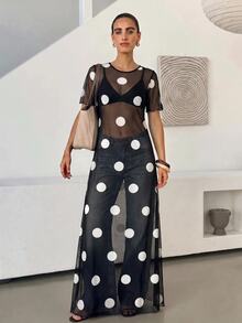 Lavishia Women's Polka Dot Pattern Mesh Short Sleeve Sexy Sheer Long Dress - Black and White - View 4