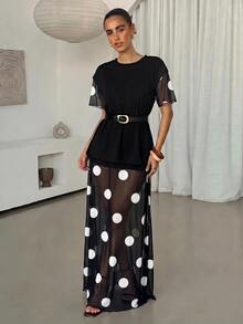 Lavishia Women's Polka Dot Pattern Mesh Short Sleeve Sexy Sheer Long Dress - Black and White - View 8