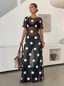 Lavishia Women's Polka Dot Pattern Mesh Short Sleeve Sexy Sheer Long Dress - Black and White - View 9