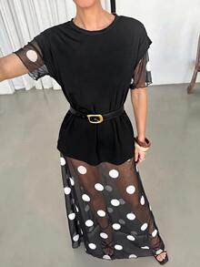 Lavishia Women's Polka Dot Pattern Mesh Short Sleeve Sexy Sheer Long Dress - Black and White - View 5
