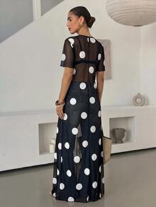 Lavishia Women's Polka Dot Pattern Mesh Short Sleeve Sexy Sheer Long Dress - Black and White - View 2