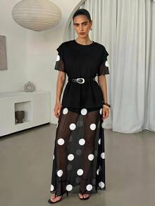 Lavishia Women's Polka Dot Pattern Mesh Short Sleeve Sexy Sheer Long Dress - Black and White - View 3