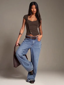 SHEIN BAE 女款休閒日常百搭通勤鈕扣上衣/日常百搭/百搭風格/不對稱門襟休閒上衣/返校/機場 - 咖啡棕 - 查看 4