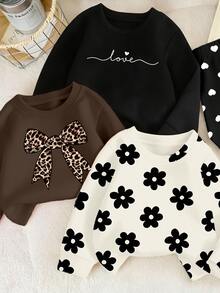 3 Sets Random Young Girl Outfit Set,Animal Element Pattern Print Crew Neck Long Sleeve Ribbed Sweatshirt Paired Matching Pattern Print Long Leggings - Multicolor - View 4