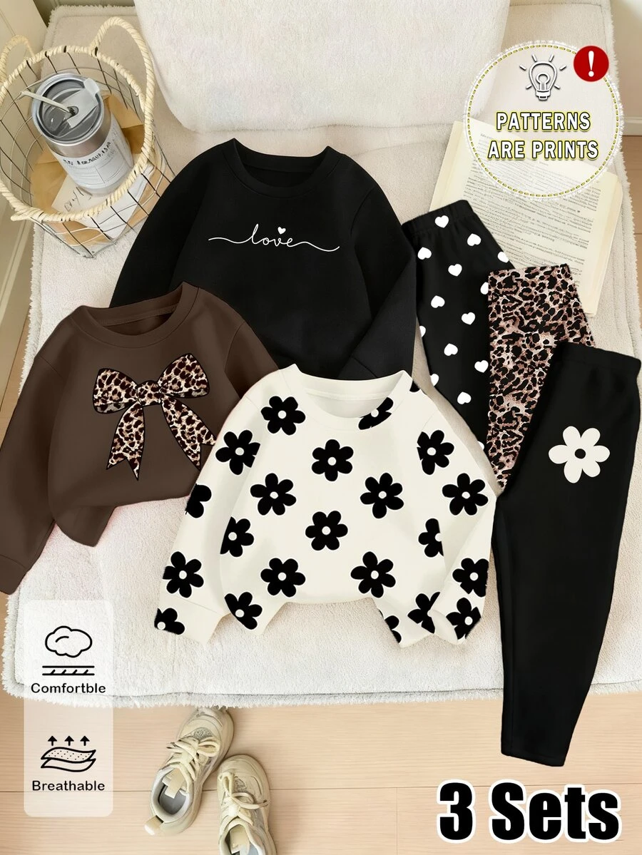 3 Sets Random Young Girl Outfit Set,Animal Element Pattern Print Crew Neck Long Sleeve Ribbed Sweatshirt Paired Matching Pattern Print Long Leggings - Multicolor - View 1