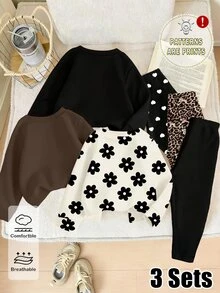 3 Sets Random Young Girl Outfit Set,Animal Element Pattern Print Crew Neck Long Sleeve Ribbed Sweatshirt Paired Matching Pattern Print Long Leggings - Multicolor - View 2