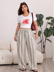 SHEIN EZwear 大尺碼女款條紋休閒百搭寬腿褲，適合日常穿著 - 彩色 - 查看 6