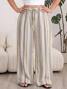 SHEIN EZwear 大尺碼女款條紋休閒百搭寬腿褲，適合日常穿著 - 彩色 - 查看 4