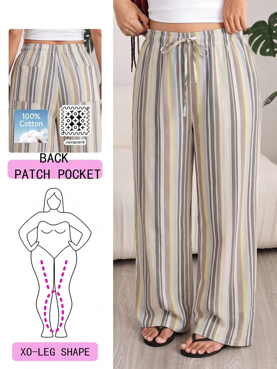 SHEIN EZwear 大尺碼女款條紋休閒百搭寬腿褲,適合日常穿著 - 彩色 - 查看 1