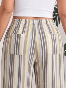SHEIN EZwear 大尺碼女款條紋休閒百搭寬腿褲，適合日常穿著 - 彩色 - 查看 3