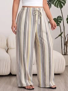 SHEIN EZwear 大尺碼女款條紋休閒百搭寬腿褲，適合日常穿著 - 彩色 - 查看 7