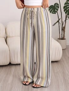 SHEIN EZwear 大尺碼女款條紋休閒百搭寬腿褲，適合日常穿著 - 彩色 - 查看 5