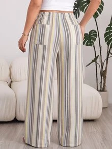 SHEIN EZwear 大尺碼女款條紋休閒百搭寬腿褲，適合日常穿著 - 彩色 - 查看 2