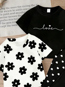 SHEIN 2套女童休閒時尚蝴蝶結豹紋印花T恤與內搭褲套裝，舒適日常穿著，適合春、夏、秋季 - 彩色 - 查看 3