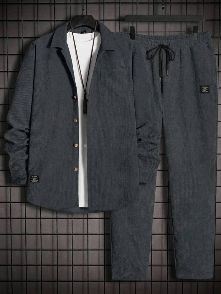 HIMLAND Loose Men's Letter Patch Weave Casual Long Sleeve Shirt And Pants 2 Pieces Set - Grey - View 1