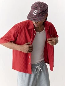 SWAVVY Camisa casual de manga corta a rayas para hombre - Rojo - Ver 5