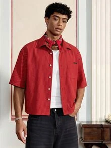 SWAVVY Camisa casual de manga corta a rayas para hombre - Rojo - Ver 1