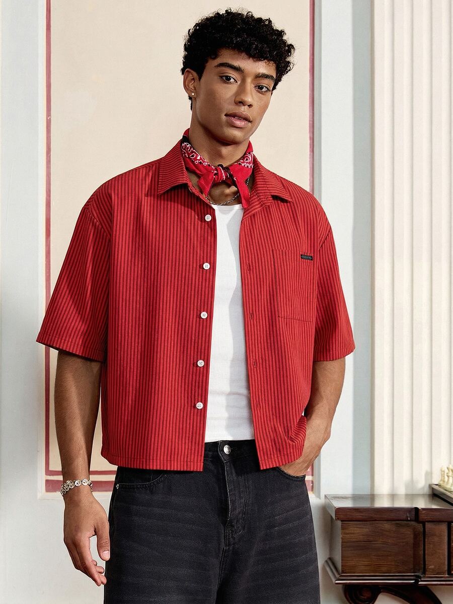 SWAVVY Camisa casual de manga corta a rayas para hombre - Rojo - Ver 1