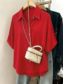 EMERY ROSE 大码女装春夏休闲装：简约百搭，复古风情。纯红色蝙蝠袖翻领上衣，单排扣宽松大码衬衫，春夏必备。 - 紅色 - 查看 5