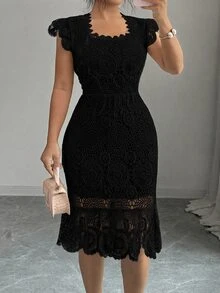 SHEIN Clasi 多功能高級厚蕾絲面料大尺碼女款洋裝 - 黑色 - 查看 3