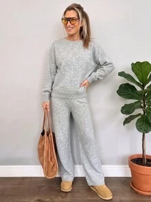 LanaWest Women's 2 Pieces Set: Gray Retro Casual Pullover Long Sleeve Sweater With Small Round Neck, Back Bowknot And Slit Detail, Straight Leg Long Pants, Elegant Fashion For Autumn/Winter, Suitable For Outings, Commuting, Office, Home And Daily Wear - Grey - View 6
