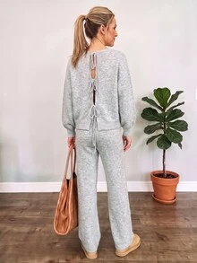LanaWest Women's 2 Pieces Set: Gray Retro Casual Pullover Long Sleeve Sweater With Small Round Neck, Back Bowknot And Slit Detail, Straight Leg Long Pants, Elegant Fashion For Autumn/Winter, Suitable For Outings, Commuting, Office, Home And Daily Wear - Grey - View 3