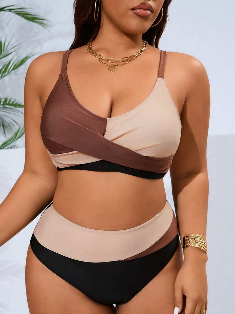 Swim Vcay Plus Size Colorblock Spaghetti Strap Two-Piece Bikini Sets Summer - Multicolor - View 1