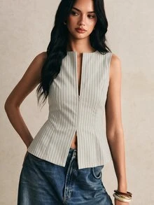 Poéselle 女款休閒優雅拉鍊條紋收腰西裝外套 - 卡其色 - 查看 3