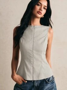 Poéselle 女款休閒優雅拉鍊條紋收腰西裝外套 - 卡其色 - 查看 6